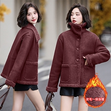 皮毛一体仿羊羔毛外套女短款2024新款秋冬季加绒机车服加厚皮夹克，女装羊羔毛/颗粒绒，潮流依族