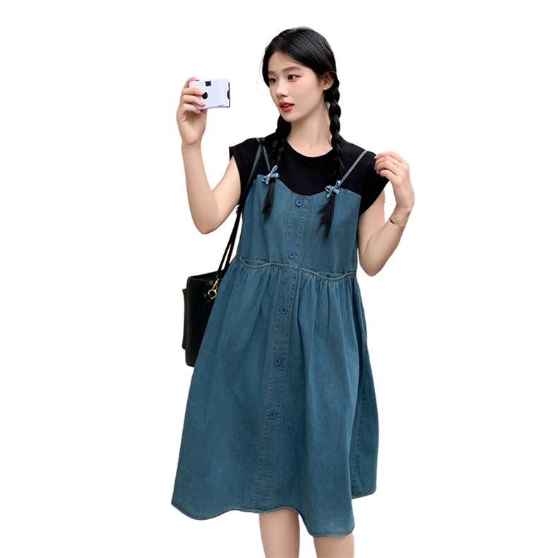 新品复古色牛仔拼接黑色针织连衣裙7606-P115-K178,女装连衣裙,2C159
