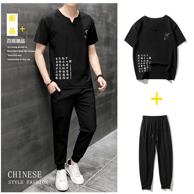 风刺绣短袖T恤套装男士大码宽松长裤男休闲复古潮HO15332-P58，男装休闲套装，星座1105-3