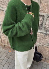 2025年秋季时尚百搭通勤简约休闲系扣圆领开衫，女装针织衫/毛衣，琳尚羊绒