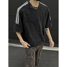 抖音得物高品质240克美式复古潮牌做旧水洗三条杠织带短袖T恤YQ45，男装T恤，电商A486-1