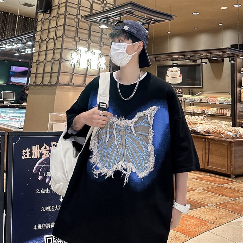 CC342-P50美式高街毛边蝴蝶大流苏贴布T恤控69，男装T恤，星座1611A-1