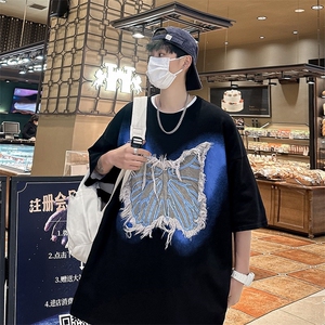 CC342-P50美式高街毛边蝴蝶大流苏贴布T恤控69，男装T恤，星座1611A-1