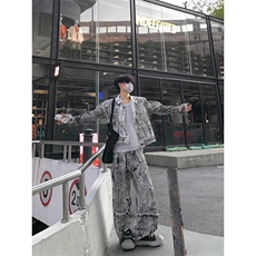 牛仔外套套装高级感痞帅一套扎染微喇裤JK100特P90NZ100特P65，男装工装外套，星座908-1