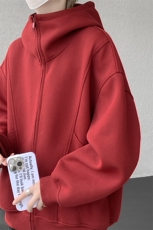 8XL-M休闲复古潮美式重磅连帽宽松安克拉红色卫衣外套WY34P8，女装短外套，电商D206-1