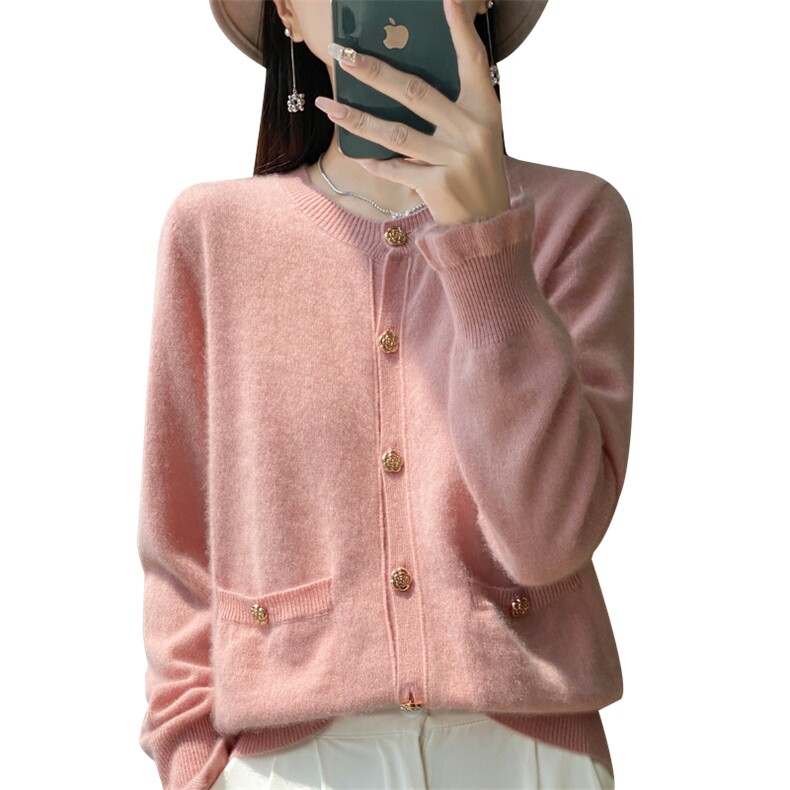 澳洲羊毛针织开衫女小香风圆领时尚简约纯色带兜毛衣外套,女装羊毛衫,大美人高端店