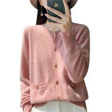 澳洲羊毛针织开衫女小香风圆领时尚简约纯色带兜毛衣外套，女装羊毛衫，大美人高端店