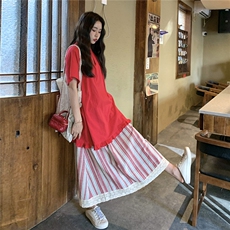 温柔系穿搭甜美红色t恤裙时尚洋气韩版条纹半身裙两件套女夏新款，女装套装/套裙，2C201