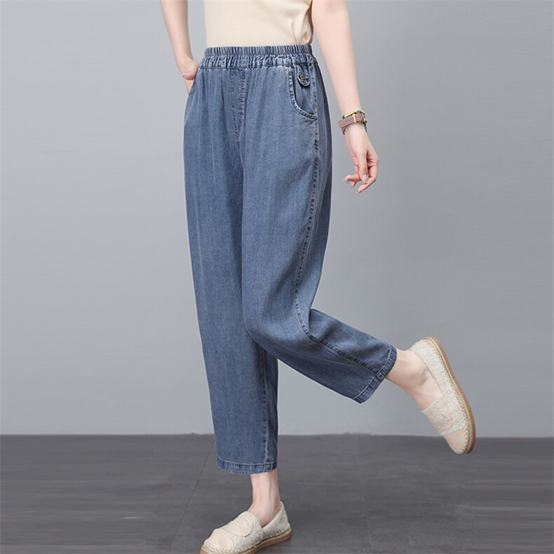 九分天丝牛仔裤女哈伦裤2025年新款宽松松紧中年妈妈减龄百搭裤子，女装牛仔裤，悦见她