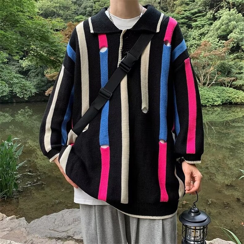 2023撞色韩系破洞polo衫男同款宽松中袖高级七分袖设计感针织衫图片