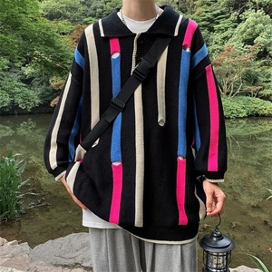 2023撞色韩系破洞polo衫男同款宽松中袖高级七分袖设计感针织衫图片