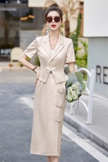 新中式国风职业套装女2024夏季新款时尚气质盘扣西装半身裙两件套，女装套装/套裙，卡杰菲