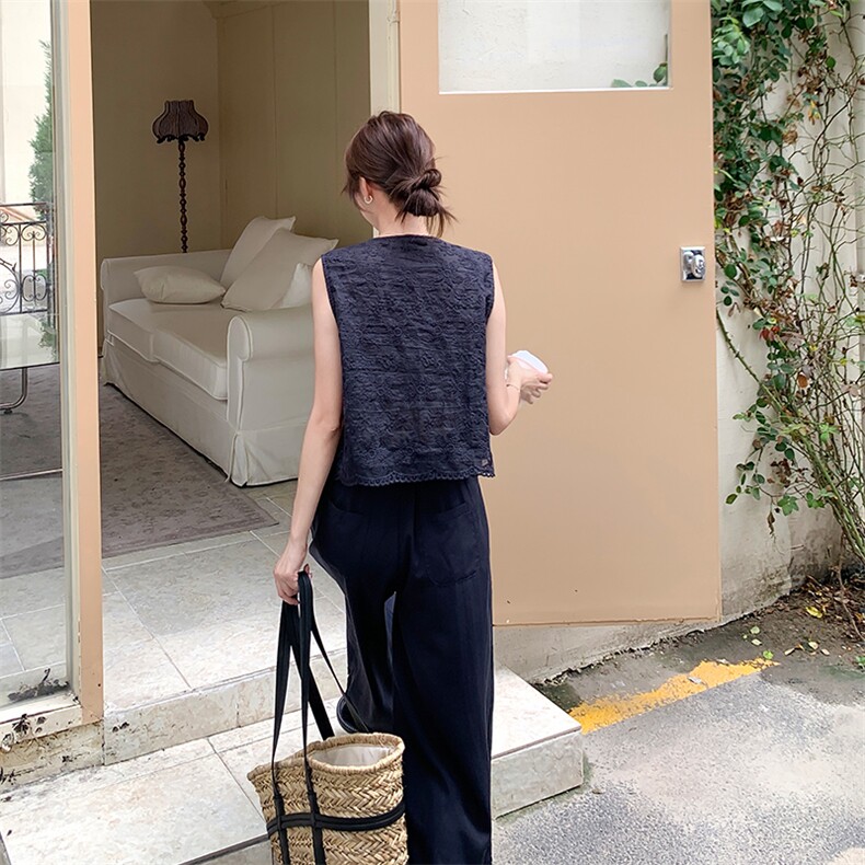 藏青色盐系木耳边套装女2025年夏季新款气质通勤马甲阔腿裤两件套,女装套装/套裙,纯色衣恋