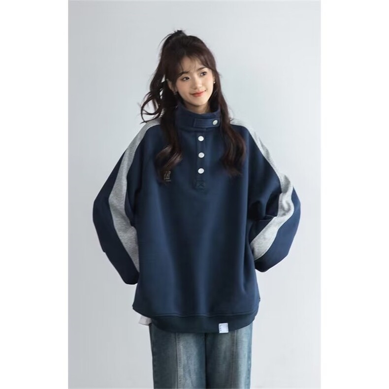 A03-P32秋季美式复古拼接立领休闲卫衣情侣日系宽松套头外套,女装短外套,电商B323A