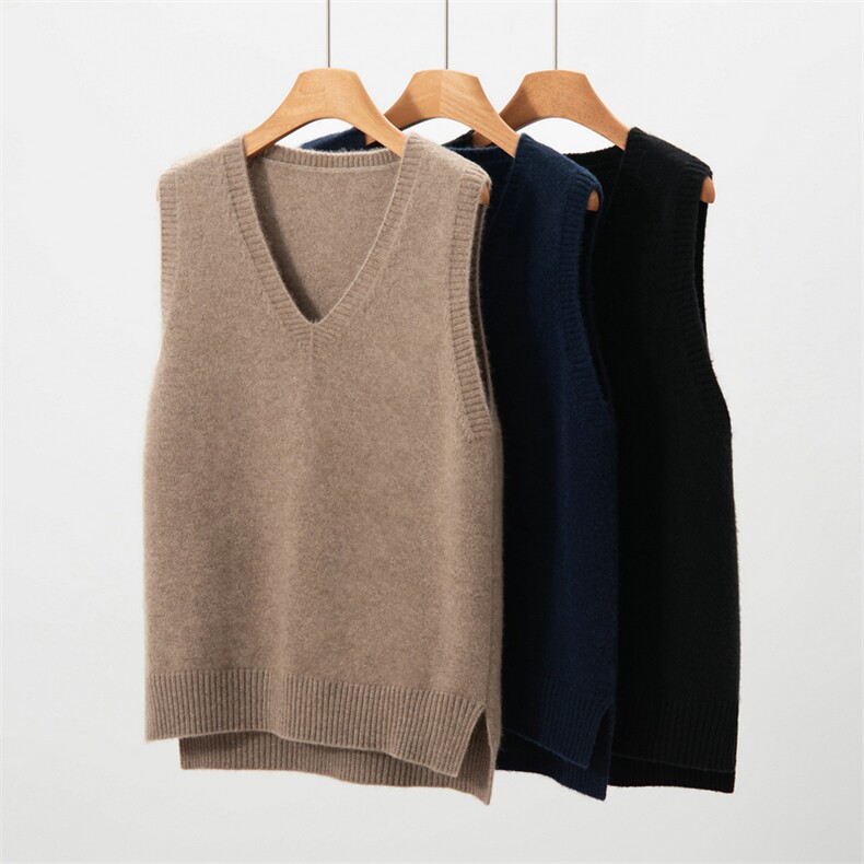 2025年秋季时尚百搭通勤简约休闲双股V领套头马甲，女装马甲，朝思纯山羊绒