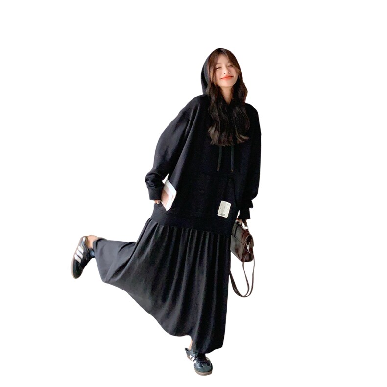 慵懒风连帽假两件卫衣连衣裙女2025春秋季新款宽松巨显瘦减龄长裙,女装连衣裙,2C007