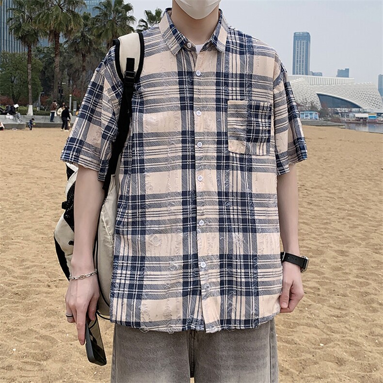 港风格子衬衫男春夏季内搭复古宽松破洞纹短袖潮衬衣外套7222P45,男装衬衫,电商A056