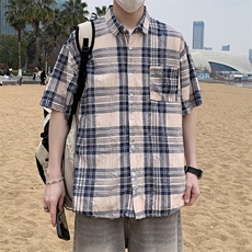 港风格子衬衫男春夏季内搭复古宽松破洞纹短袖潮衬衣外套7222P45，男装衬衫，电商A056
