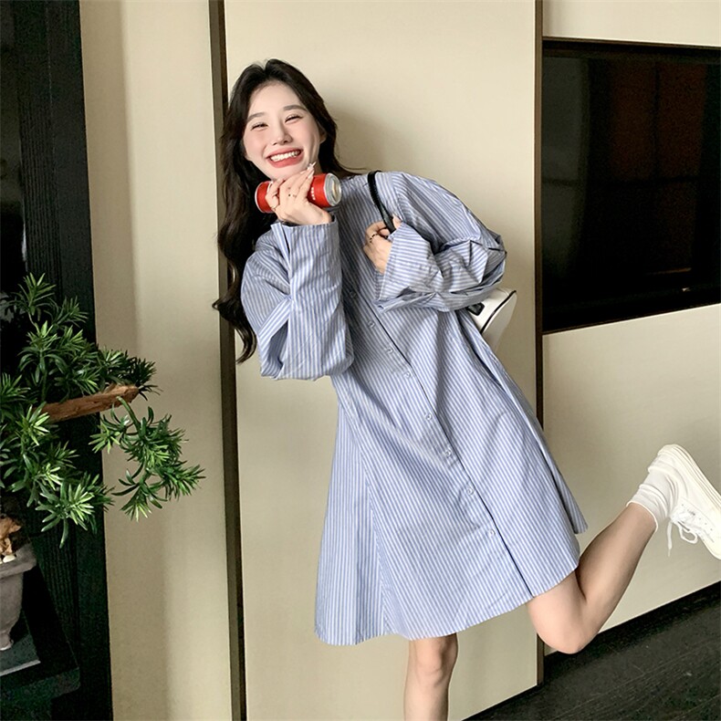 蓝条衬衫裙休闲可爱连衣裙,女装连衣裙,2B137