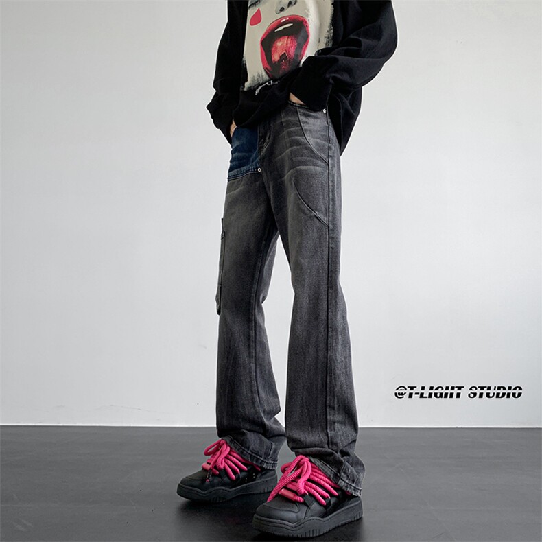 B221美式ins高街暗黑小众拼接直筒工装牛仔裤LK23141-P65控88,男装牛仔裤,电商B221