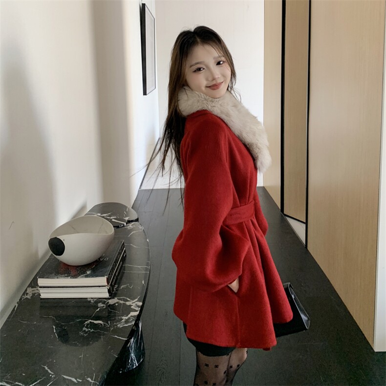 现货新款圣诞款2176-P350-K520双面羊绒大衣配围脖,女装双面呢大衣,韩然一族