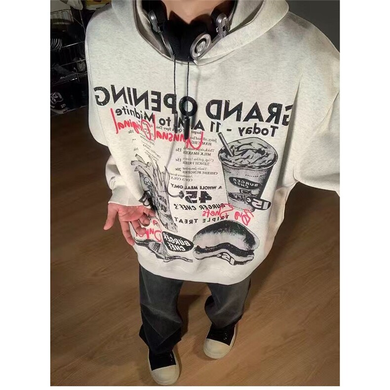 美式复古汉堡薯条连帽卫衣春秋男女宽松WY632常规P43加绒P49,男装卫衣,星座208-5