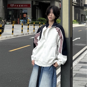 抖音得物高品质 美式高街重磅结构织带拼接撞色立领卫衣外套 CM41图片