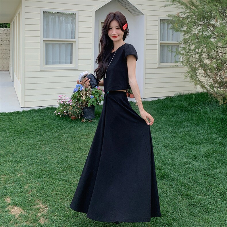 黑色氛围感休闲套装裙女2025夏季新款温柔风T恤高腰半身裙两件套，女装套装/套裙，浙宝220A