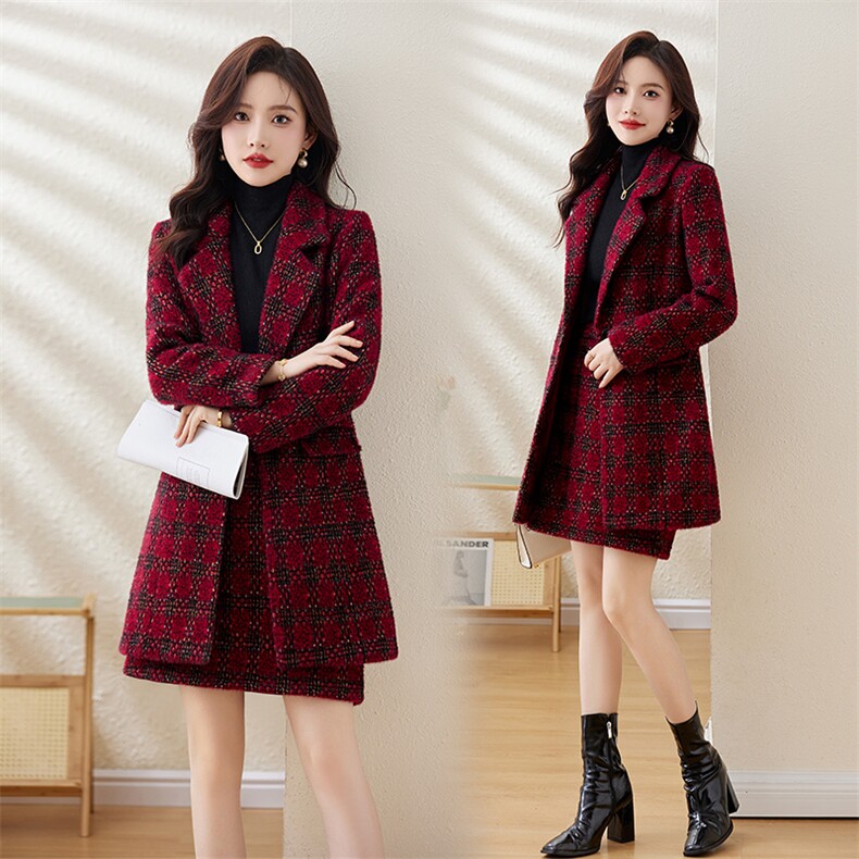 粗花呢大衣半身裙两件套2025年冬装加厚毛呢显瘦高端连衣裙套装女，女装套装/套裙，罗得堡