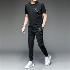 男装冰丝男爸爸中老年人夏装套装时尚冰丝短袖T恤男40-50岁爸爸，男装休闲套装，电商B212（原钱塘6029）