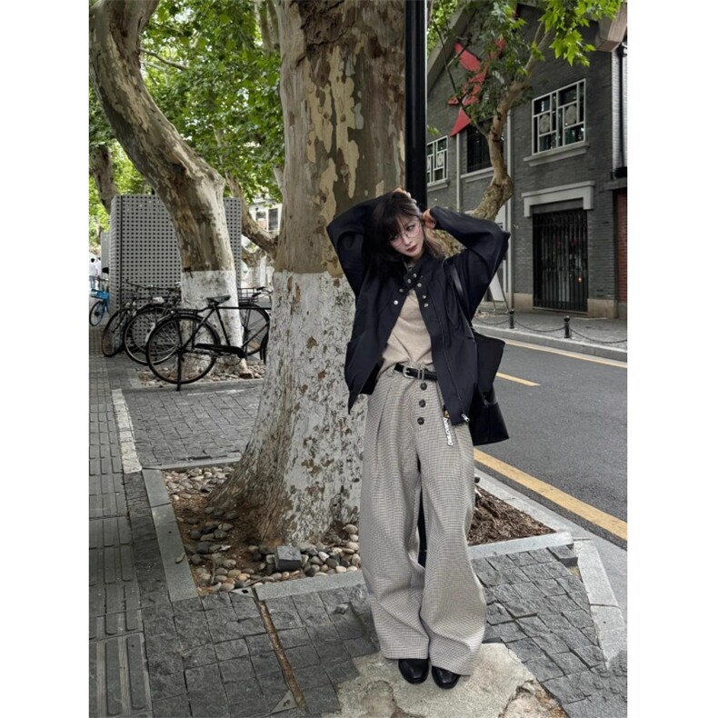 IWTFF千鸟格复合挺阔打褶排扣西裤直筒a字老钱通勤cleanfit休闲裤,男装西裤,星座1210-1