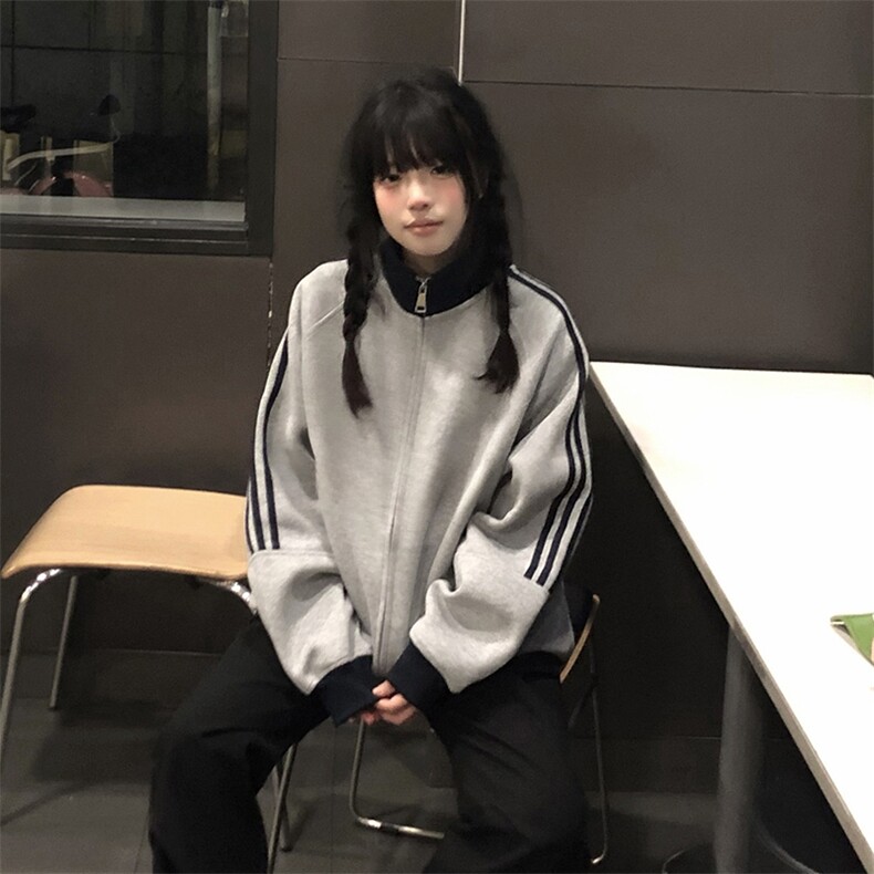 抖音得物高品质美式高街重磅结构设计拼接织带立领卫衣外套CM42,女装短外套,电商A486-1