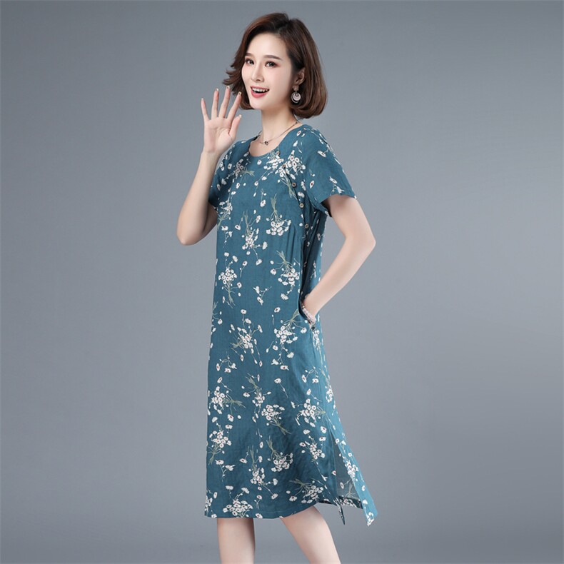 2021年夏季中长款通勤高腰A字裙40-49周岁印花圆领套头韩版裙子,女装连衣裙,伊满意