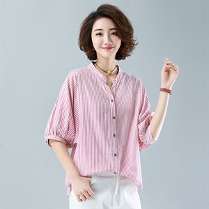 红白色竖条纹短袖百搭印花夏季衬衫设计感小众新女显瘦褶皱袖上衣图片