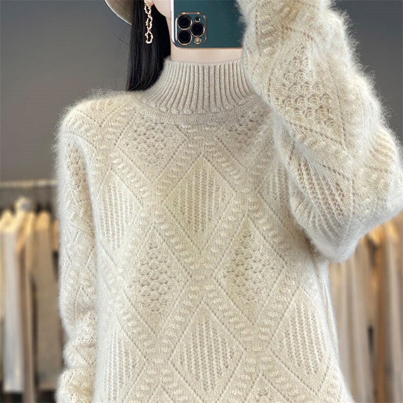 新品重工艺妞花菱形块女半高领羊毛衫宽松百搭a525,女装羊毛衫,秋虹羊绒