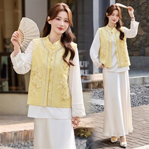 现货春装新款简约时尚休闲重工艺钉珠减龄马甲可组合三件套半裙衫，女装马甲，韩美纤衣