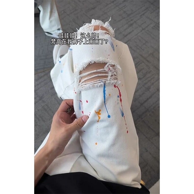 阔腿直筒裤子白色泼墨破洞牛仔裤潮男涂鸦休闲裤 网图NZK80722p45图片