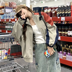 港风复古休闲撞色夹克外套女2025年春秋季新款宽松显瘦棒球服上衣，女装短外套，2C050