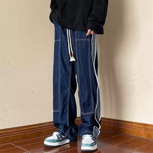 1038-P45牛仔裤男秋冬款2025新款美式高街设计感小众宽松直筒,米白色打底裤如何搭配秋冬图片