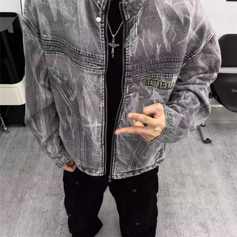 美式复古水洗扎染牛仔外套男秋季高街潮牌痞帅喷漆设计感机车夹克,男装工装外套,星座1210-1
