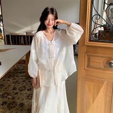 新中式中国风白色绣花衬衫长裙子两件套装女2025新款小个子半身裙，女装套装/套裙，2C323