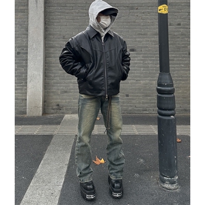 美式ins高街hiphop重工艺水洗微喇复古蓝牛仔裤货号K2320P55控78图片