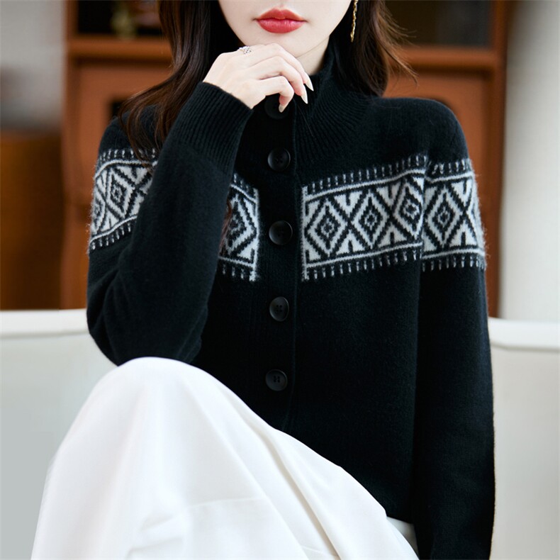 重工费尔岛提花羊毛针织开衫女外套毛衣2025新款法式高端时髦上衣,女装羊毛衫,昭美羊绒