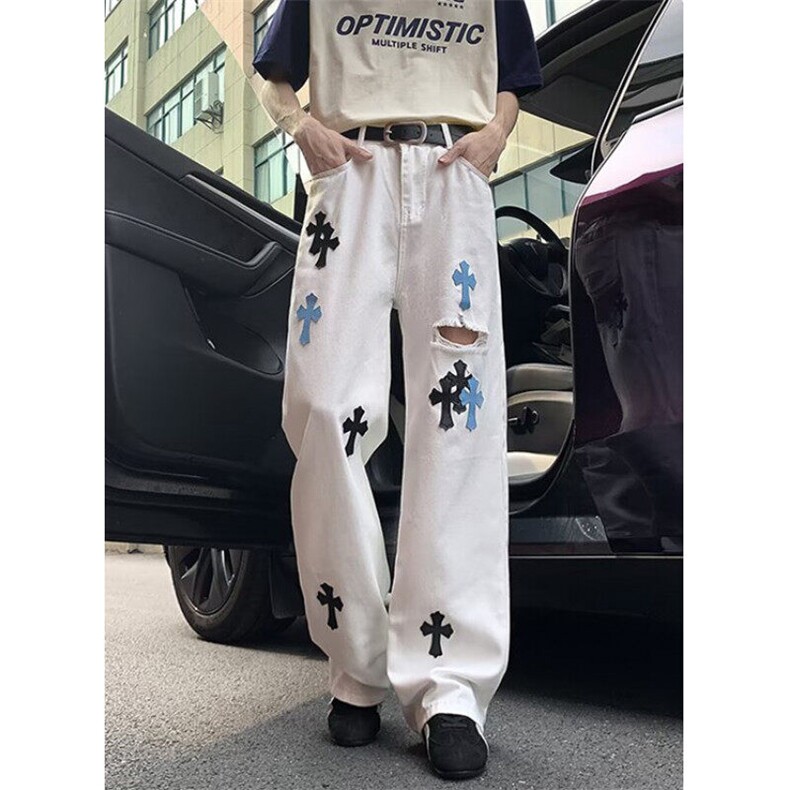 破洞牛仔裤男小众十字架贴布设计感宽松直筒阔腿长裤NC991,男装牛仔裤,星座1116A（原606A-3）