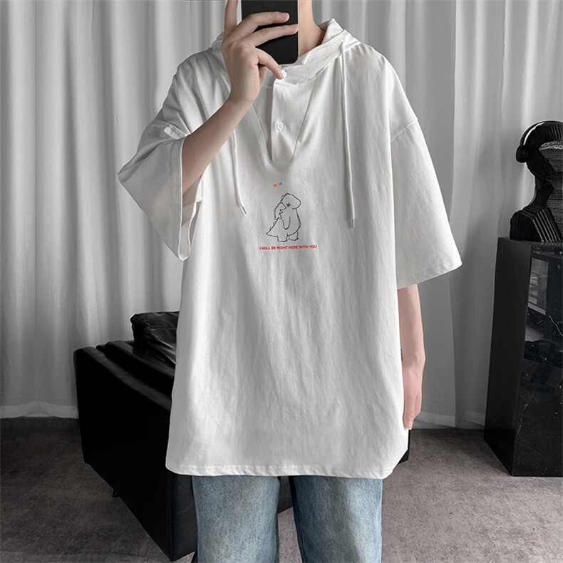 LD54140-P45 连帽短袖t恤男大码胖子带帽五分袖中袖图片