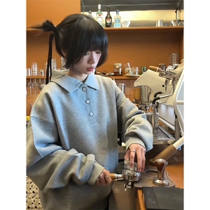 欧美hiphop卫衣男女款高级感痞帅半开衫polo领美式无帽正肩外套潮图片