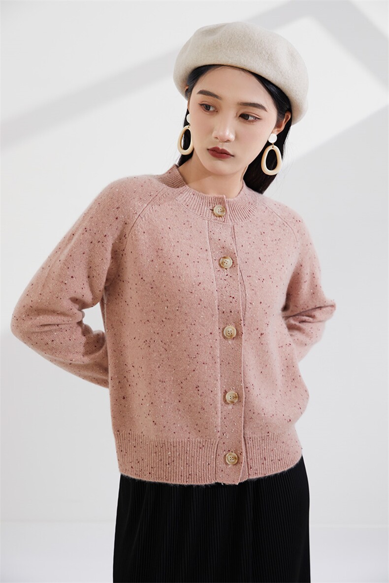 秋冬季新款女时尚百搭女士圆领彩点羊绒开衫,女装羊绒衫,恒爱羊绒