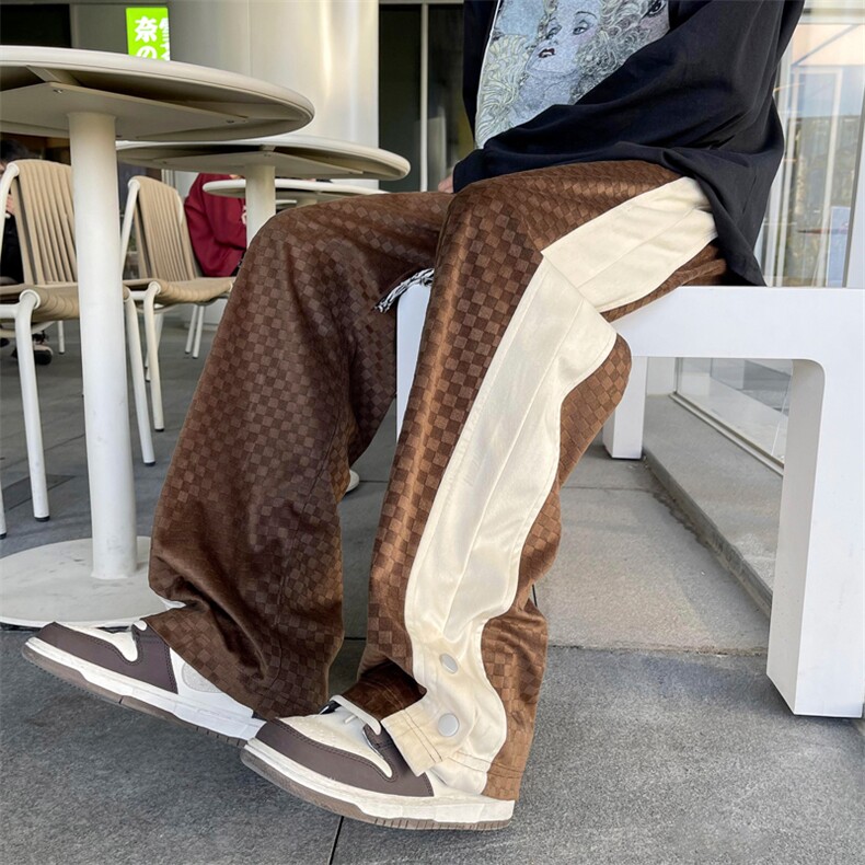2022侧边排扣条纹拼接灯芯绒棋盘格宽松直筒休闲长裤Q557-p45,男装休闲裤,星座601-2