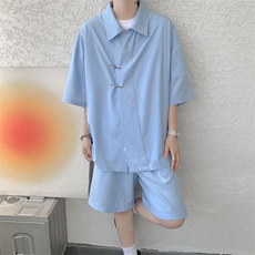 TZ785-特p55控98新中式风斜门襟飞机扣冰丝短袖衬衫大码套装，男装T恤，电商A059