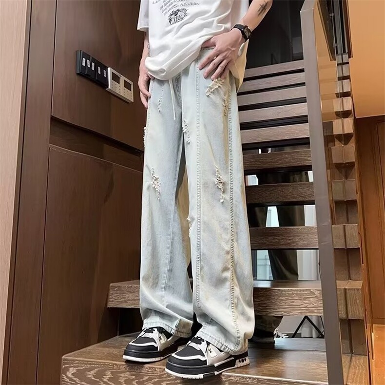 破洞冰丝牛仔裤男夏季薄款浅蓝色阔腿裤美式高街宽松直筒抽绳裤子，男装牛仔裤，星座1210-1